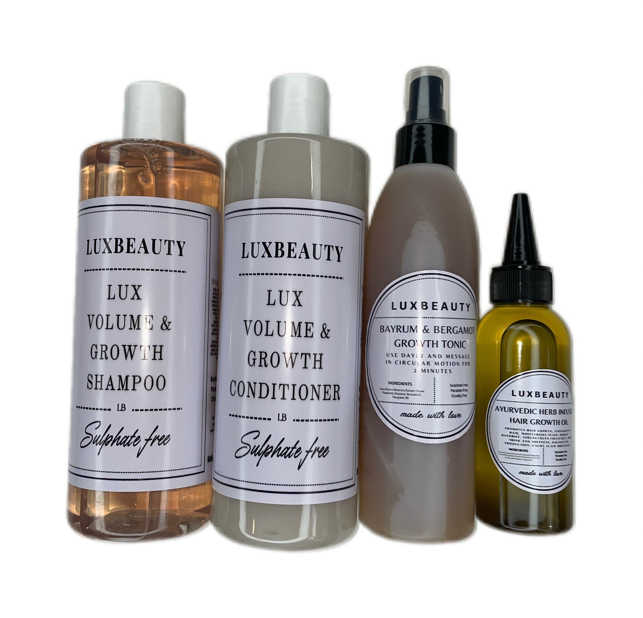 LUX CAFFEINE & CANNABIS SHAMPOO & CONDITIONER 500ml, HAIR GROWTH OIL 100ml & BAYRUM TONIC 300ml